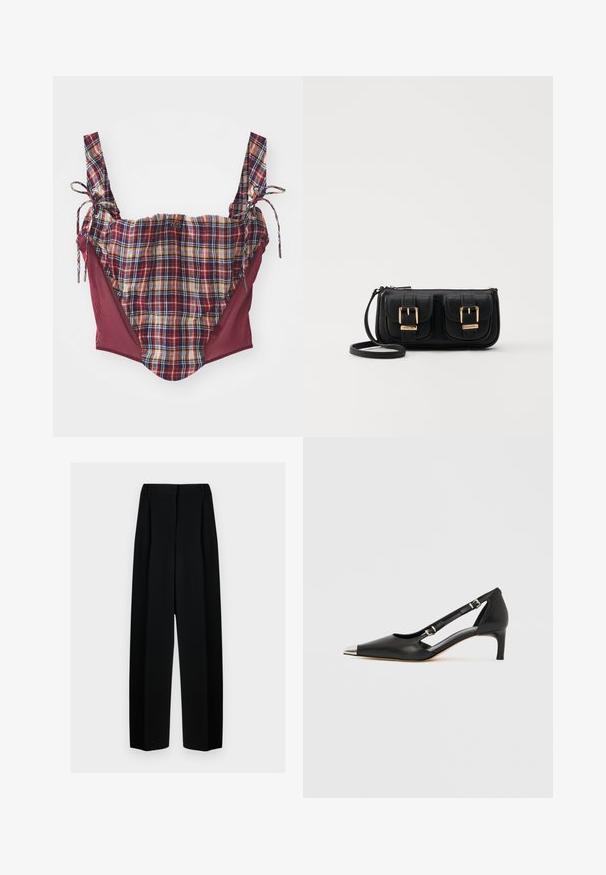 Krótki top w kratę z bordowymi panelami, regulowanymi szelkami do wiązania i wzorem w kratkę. Zawiera małe logo z przodu na środku.; Czarne spodnie o szerokich nogawkach z wysokim stanem, z plisami i gładką teksturą. Materiał wydaje się lekki i elegancko się układa.; Czarny skórzany but na obcasie typu kitten z metalowym, srebrnym zakończeniem palca i podwójnymi paskami na klamry na białym tle.; Czarna skórzana torba na ramię z dwoma przednimi kieszeniami, złotymi klamrami, zamkiem błyskawicznym i cienkim paskiem. Teksturowana powierzchnia i kompaktowy prostokątny kształt.
