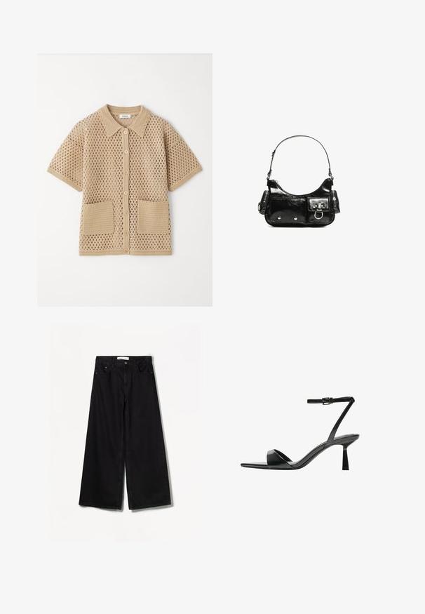 sandro Button-down blouse - sable; Bershka WIDE-LEG - Wide Leg - black; Bershka High heeled sandals - black; Black patent leather handbag with a curved shape, one shoulder strap, front pockets, and silver-tone hardware accents.