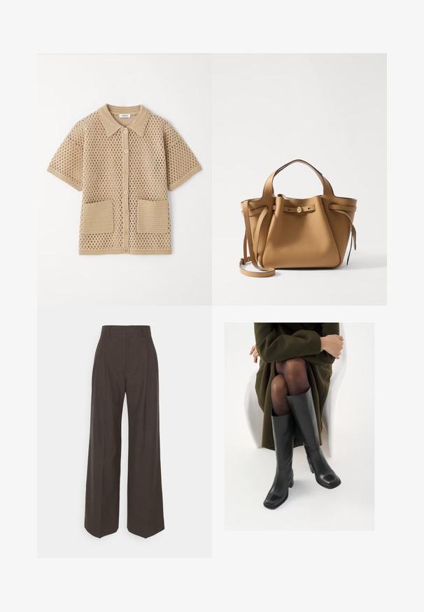 sandro Chemisier - sable; Pantalons larges marron foncé à taille haute, avec des plis soigneusement marqués, une texture lisse et une coupe ajustée.; Bottes en cuir noires arrivant au genou, avec un bout carré et un talon carré, présentées sur un modèle assis dans un manteau vert olive. Texture lisse, détails minimaux.; Tory Burch ROMY PEBBLED SATCHEL - Sac à main - tiramisu