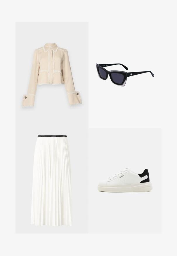 Beige zugeschnittene Jacke aus weichem Material, mit weißen Fransenakzenten entlang der Kanten und großen dekorativen Knöpfen an den Ärmelabschlüssen.; Faltenrock aus Weiß mit einem schwarzen elastischen Bund, der das "LACOSTE"-Logo trägt. Mittellanges Design mit weicher Textur.; Weiße Leder-Sneaker mit einer dicken weißen Sohle, schwarzem Wildlederakzent an der Ferse und geprägtem Logo an der Seite. Schnürdesign mit sechs Ösen.; Schwarze übergroße Sonnenbrille mit geometrischer Form, ausgestattet mit dunklen Gläsern und einem kontrastierenden grauen Detail im Rahmen. Logo am Bügel.