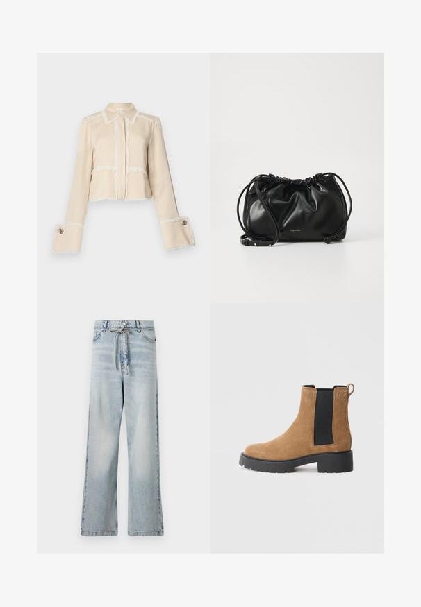 Cropped beige jacket made of soft fabric, featuring white fringe accents along the edges and large decorative buttons on the cuffs.; Light blue wide-leg jeans made of denim, featuring a high waist, front pockets, and a drawstring detail at the waist. Distressed texture.; Brown suede ankle boot with black elastic side panel, chunky black sole, pull tab at back, and embossed "cK" logo near the ankle.; Black leather handbag with gathered design, dual drawstring closure, and detachable shoulder strap. Features metallic logo detail.