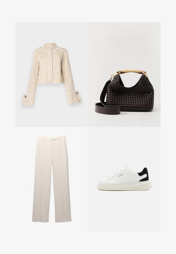 Beskåret beige jakke lavet af blødt stof, med hvide frynsedetaljer langs kanterne og store dekorative knapper ved ærmerne.; Bredde benbukser i lyse beige stof med en glat tekstur. Har en tætsiddende talje, forkantfolder og ingen synlige lommer.; Hvide lædersneakers med en tyk hvid sål, sort ruskindhælvægt og prægede logoer på siden. Snørebåndsdesign med seks øjer.; Elleme BOOMERANG WOVEN - Håndtasker - brown