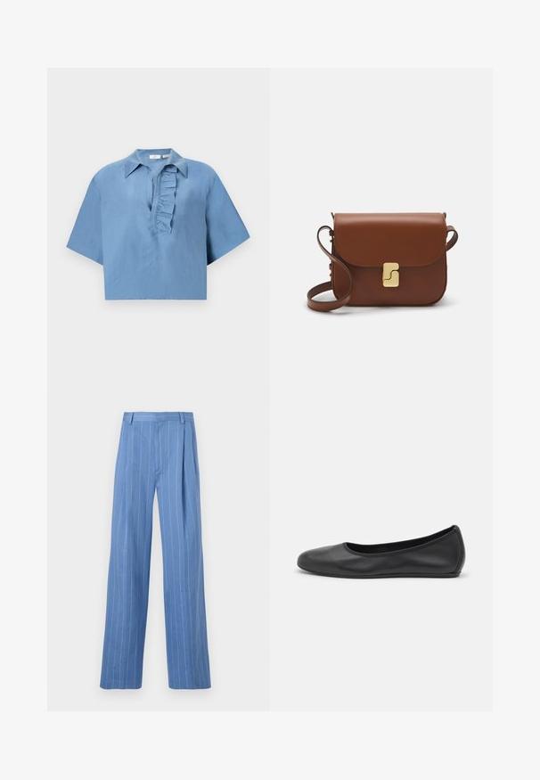 Kurzärmliges, blaues Hemd aus glattem Stoff, mit einem Button-Down-Kragen und einer gerafften Blende an der Vorderseite. Verkürztes Design.; Weißes kurzärmliges T-Shirt aus geripptem Stoff. Runder Halsausschnitt, normale Passform und dezente Nähte. Keine Muster oder Grafiken.; Himmelblaue weite Hosen mit vertikalen weißen Streifen. Aus glattem Material gefertigt, mit einer vorderen Falte und einem schlichten Taillenbunddesign.; Schwarze Leder-Ballettschuhe mit abgerundeter Spitze, glatter Textur, minimalen Nähdetails und einem flexiblen Sohlen-Design.; Braune Ledertasche mit Klappenverschluss, Beschlägen in Goldfarbe, einem Schultergurt und einer glatten Oberfläche. Kompakte rechteckige Form.