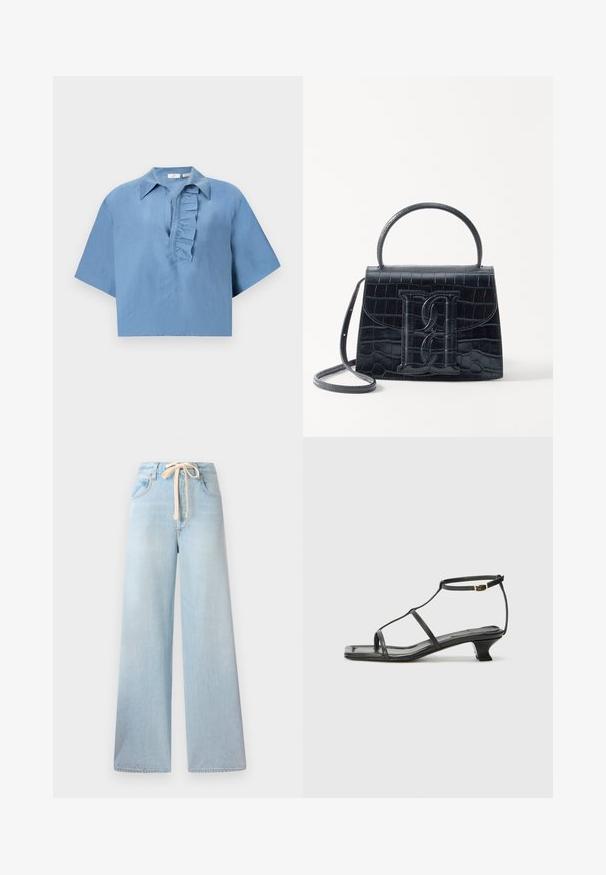 Rövid ujjú, sima szövetből készült kék ing, gombolható gallérral és fodros légzéssel az elején. Rövidített fazon.; Világoskék, bő szárú farmernadrág, állítható derékpánttal és klasszikus öt zsebes dizájnnal, minimális kifakulással.; Fekete bőr szandál, négyzet alakú orral, vékony pántokkal, állítható bokapánttal és alacsony sarokkal. A pánton egy kis arany dísz található.; Fekete krokodilbőr hatású kézitáska, amelynek strukturált kialakítása van, felső fogantyúval, állítható pánttal és egy kiemelkedő elülső logó részlettel.