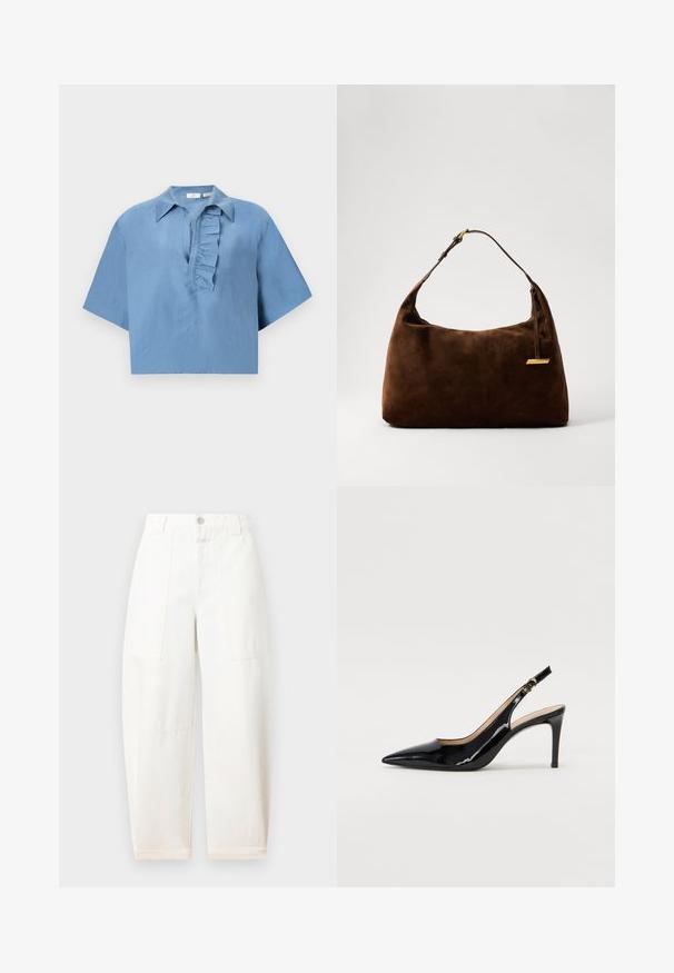 Kortärmad, blå skjorta gjord av slät tyg, med en knapp-ned krage och en rynkad placket längs framsidan. Korthylad design.; CLOSED RHANNON - Wide leg - ivory; Svart patenterat läder slingback pumps med spetsig tå, smal klack och en subtil utskärning. Har en guldbuckle på remmen.; Brun mocka axelväska med en rundad form, som har ett guldfärgat accent och en justerbar rem. Slät yta med minimal detaljering.