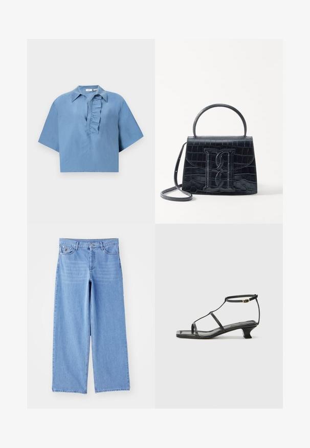Īsām piedurkņu zils krekls, izgatavots no gludas auduma, ar pogājamu apkakli un ruflētu plati gar priekšpusi. Īss dizains.; Gaiši zili platā kāja džinsi, izgatavoti no denima, ar klasisku piecu kabatu dizainu un pogu aizdari. Gluda tekstūra, sakrāmēta apakšmala.; Melna ādas sandale ar kvadrātveida purngalu, plānām siksnām, regulējamu potītes siksnu un zemu papēdi. Iezīme ir neliela zelta akcenta detaļa uz siksnas.; Melnas krokodila rakstā izgatavota ādas rokassoma ar strukturētu dizainu, augšējo rokturi, regulējamu siksnu un izteiktu priekšējo logotipa detaļu.