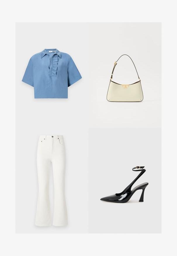 Rövid ujjú, sima szövetből készült kék ing, gombolható gallérral és fodros légzéssel az elején. Rövidített fazon.; Fehér, trapéz fazonú farmernadrág. Magas derékkal, elülső zsebekkel és gombos záródással. Sima textúra és minimális varrási részletek jellemzik.; Fekete lakk bőrből készült, slingback magas sarkú cipők, hegyes orral, állítható bokapánttal és mérsékelt tömbsarkal. Simább textúra, fényes felület.; Krém színű bőrtáska ívelt formával. Aranyszínű logó díszítéssel és vékony, állítható sötét pánttal rendelkezik.