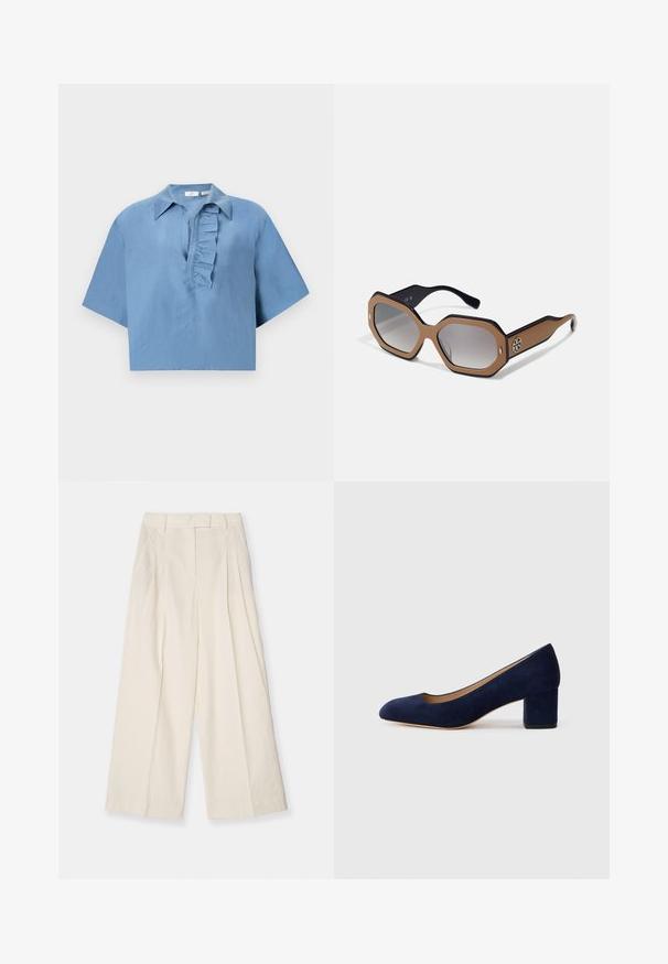 Kratki rokavi, modra srajca iz gladkega materiala, z gumbasto ovratnikom in nabranim žepom spredaj. Skrajšana zasnova.; Hlače širokega kroja iz teksturiranega bež materiala. Imajo visok pas s pregibi, zanke za pas in čist, minimalističen dizajn.; Temno modri nubuk čevlji s koničastim nosom in srednje visokim blokom. Gladka tekstura z diskretnim sijajem in majhnim izrezom spredaj.; Osmerne sončna očala z osemkotno obliko v rjavi in črni barvi, s postopnim prehajanjem leč in logotipom na strani. Izdelana iz plastičnega materiala.