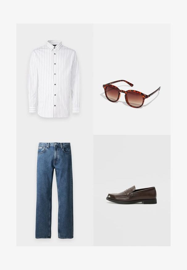 Hvit skjorte med lange ermer og smale vertikale striper i rødt og blått, med knapper foran, spiss krage og svarte knapper.; Blå rette denimjeans med høy midje, knapp- og glidelåslukking, frontlommer og en liten hvit merkeetikett på høyre lomme.; Brune lærlofer med rund tå, dekorativ søm og en liten, flat hæl. Glatt tekstur med diskrete designelementer.; Skilpaddebrune solbriller med gradient brune linser, rund form og svarte tempelaksenter; har to små metalstuds nær linsene.; Svart skinncrossbody-veske med klaff, to sølvspenner, gult sting og justerbar stropp. Har en jevn tekstur og kompakt design.