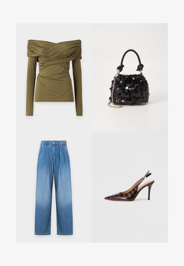 Off-shoulder langermet topp i olivengrønn, med rynker over brystet og midjen, laget av et mykt og elastisk stoff.; Lyseblå denimbukser med høy livhøyde, avslappet vide ben og frontfolder. Har knapp- og glidelås-lukking.; Brune, krokodilleskinn-embossed slingback pumpe med spiss tå, åpne sider og en tynn høy hæl. Designet med en spennejustering.; Svart paljettmini-veske med en knyttet teksturert stropp og sølvkjede. Rund form med samlet topp og reflekterende detaljer.