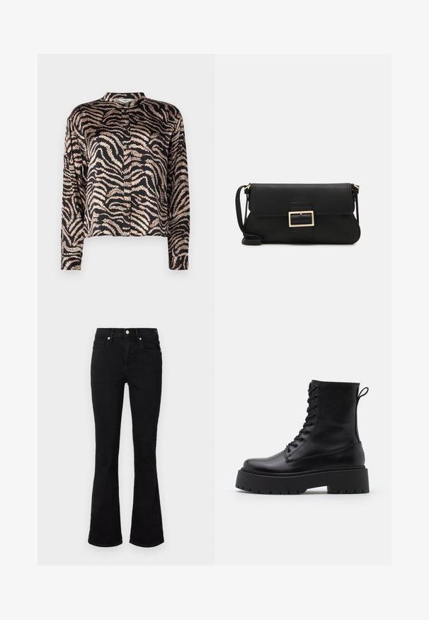 Schwarzes Hemd mit langen Ärmeln, das ein gewelltes Blattmuster in Roségold aufweist. Mit Stehkragen und knöpfbarem Vorderteil. Glatte Stofftextur.; Schwarze Schlagjeans aus Denim, mit einem mittelhohen Bund, Fronttaschen und Knopfverschluss. Glatte Textur mit minimalen Nähten.; Schwarze Lederstiefeletten mit runder Zehenpartie, Schnürung vorne und einer dicken Gummisohle mit strukturiertem Profil. Mit Zugschlaufe an der Rückseite.; Schwarze Leder-Clutch mit Klappe und goldfarbenem Metallschnallen-Detail. Enthält einen schwarzen Riemen und ein schlankes, minimalistisches Design.