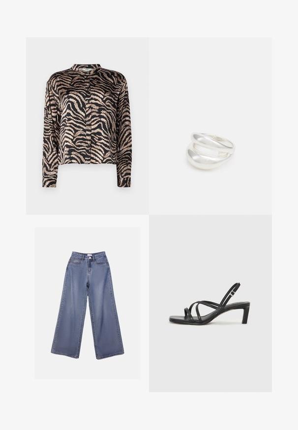 Camisa negra de manga larga, con un patrón de hojas onduladas en oro rosa. Tiene un cuello mao y una frontal con botones. Textura de tejido suave.; Jeans de mezclilla de pierna ancha en un lavado azul claro, con una cintura alta, bolsillos frontales y un cierre de botón con trabillas para el cinturón.; Sandalia negra de tiras con punta cuadrada y tacón bajo de bloque. Presenta múltiples tiras delgadas y una correa ajustable en el tobillo. Fabricada en cuero suave.; Anillo de plata de doble banda con una superficie lisa y pulida. Presenta un diseño fluido y curvado con secciones superpuestas para un aspecto moderno.
