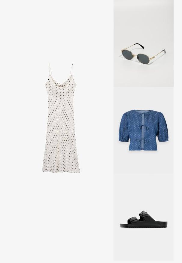 Denim srajca v temno modri barvi z nabranimi rokavi, ki ima vezalne zapore in subtilen vzorec majhnih belih diamantov po celotni površini.; Kratka obleka brez rokavov iz mehkega, lahkega materiala; krema ozadje s črnimi pikami; drapirana vratna izreza in rahlo padajoča silhueta.; Črne sandale z dvema prilagodljivima trakoma, narejene iz sintetičnega materiala. Imajo strukturirano podplati in trpežen gumijast podplat z oprijemom.; Zlate sončne očala z ovalnimi lečami in temnimi lečami. Črne acetatne konice na ročajih. Ime blagovne znamke "QUAY" na strani.