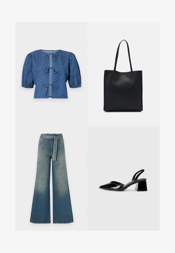 Bluză din denim de culoare albastru închis cu mâneci bufante, având închideri cu fundițe și un model subtil de mici diamante albe pe întreaga suprafață.; Pantaloni din denim largi, cu un gradient de la albastru deschis la albastru închis, talie înaltă, bucle pentru curea și o curea din același material. Finisaj texturat din denim.; Pantofi cu toc slingback din piele lacuită neagră, cu vârf ascuțit și toc geometric. Prezintă un design elegant, minimalist și o textură netedă.; Geantă tote neagră din piele, cu textură netedă, formă rectangulară și două mânere lungi. Fără hardware vizibil sau ornamente.