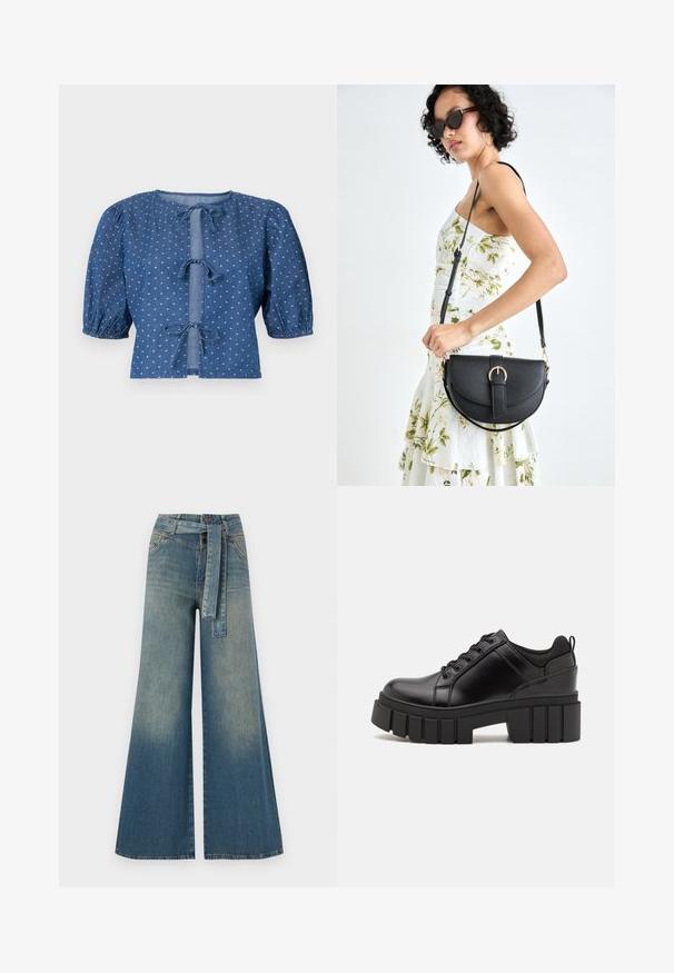 Tumed sinine teksapoiss, millel on puffse varrukad, lipsuga kinnitused ja peen väike valge teemantide muster üle kogu.; Laiad denimpüksid, millel on hele tume sinine gradiendiefekt, kõrge vöökoht, vöökumlid ja sobivast kangast vöö. Struktureeritud denimi viimistlus.; Must musta platvormsussid paksu plokkninal, ümmarguse varbaga ja traditsioonilise nööridega kinnitamisega. Sussid on sileda tekstuuriga ja minimaalsete detailidega.; Mustmust mustraha kõverate joontega, eemaldatava rihmaga ja kuldsete detailidega. Kotil on klapp, millel on pandladetail.