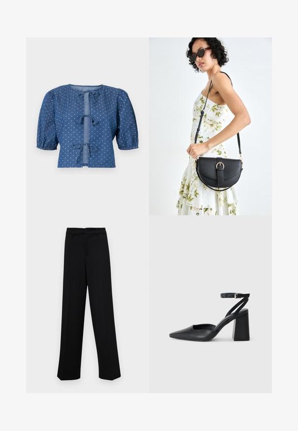 Denimová blúzka v tmavomodrej farbe s nadýchanými rukávmi, so zaväzovacími uzávermi a jemným vzorom malých bielych diamantov po celej ploche.; Čierne široké nohavice vyrobené z hladkej látky, s klasickým pásom a zapínaním na gombík, a prednými skladmi.; Čierne kožené lodičky s špicatou špičkou a členkovým remienkom, s masívnym podpätkom. Hladký povrch, elegantný dizajn a minimalistická estetika.; Čierna kožená kabelka s zaobleným tvarom, odnímateľným popruhom a zlatými doplnkami. Kabelka má klopu s detailom s prackou.