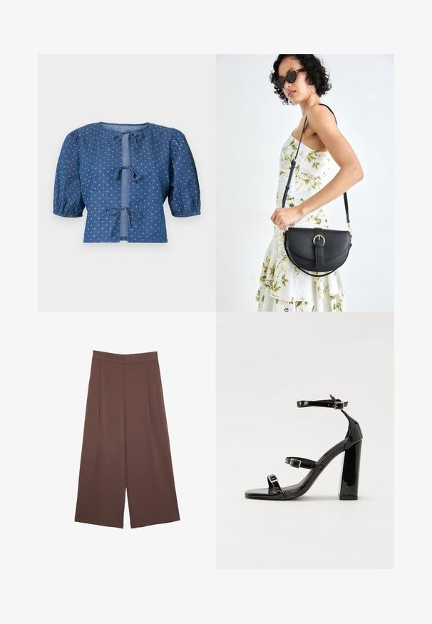 Džínová blůza v tmavě modré barvě s balónovými rukávy, s vázáním a jemným vzorem malých bílých diamantů po celém povrchu.; Hnědé široké kalhoty s hladkou texturou, vysokým pasem a předními záhyby. Materiál je lehký a volně splývá.; Černé lakované sandály na podpatku se čtveratou špičkou, lýtkovými pásky a stříbrnými přezkami. Disponují masivním blokovým podpatkem pro stabilitu.; Černá kožená kabelka s křivkovým tvarem, odnímatelným popruhem a zlatými detaily. Kabelka má klopu s přezkou.