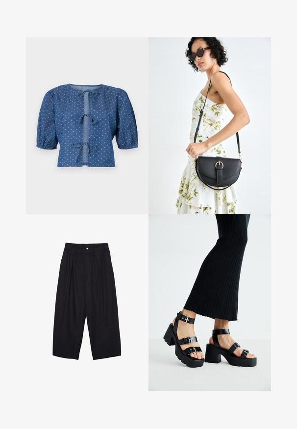 Takkipusero tummansinisestä denimisttä, jossa on puffipaidat, solmimistukokset ja hienovarainen pieniä valkoisia timantteja sisältävä kuvio.; Musta polyesterinen culotte-housut, jossa on joustava vyötärö, kaksi etupleettiä ja löysä siluetti. Ei näkyviä kuvioita tai metallisia yksityiskohtia.; Mustat alustossut, joissa on paksut, uritetut pohjat ja useita hihnoja, varustettuna metallisilla soljilla ja sileällä nahkamaisten materiaalien pinnalla.; Musta nahkainen käsilaukku, joka on kaareva muotoilultaan, irrotettavalla hihnalla ja kultaisilla yksityiskohdilla. Laukussa on läppä, jossa on solk yksityiskohta.