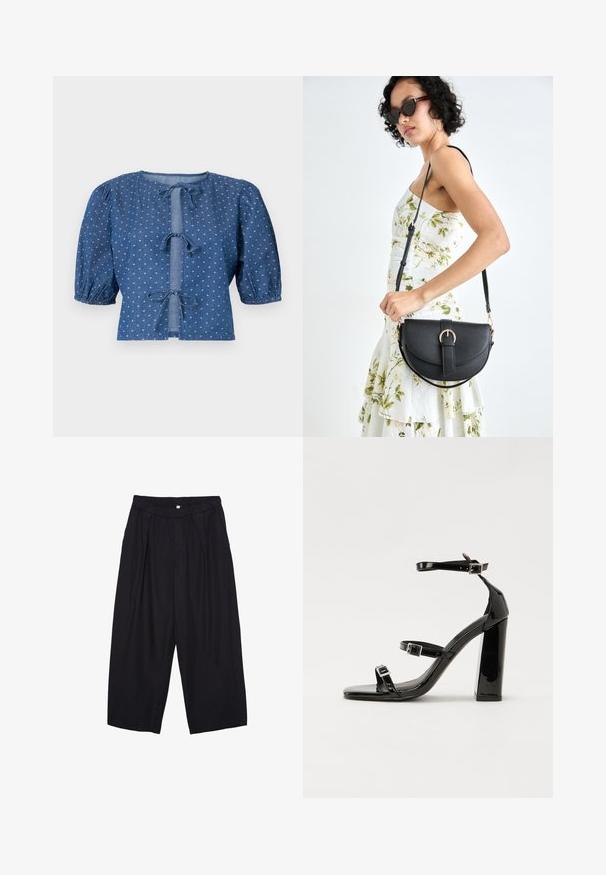 Tamna plava traper bluzica sa napuhanim rukavima, koja ima vezanje i suptilan uzorak malih bijelih dijamanata po cijeloj površini.; Crne poliester hlače culotte s elastičnim pojasom, dva prednja nabora i širokim krojem. Nema vidljivih uzoraka ili metalnih detalja.; Crne lakirane sandale na pete sa kvadratnim nosom, trakama oko gležnja i srebrnim kopčama. Imaju čvrst blok petu za stabilnost.; Crna kožna torba s lukovitim oblikom, odvojivim remenom i zlatnim detaljima. Torba ima preklop s kopčom.