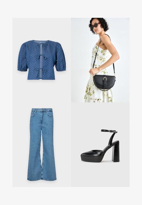 Tamna plava traper bluzica sa napuhanim rukavima, koja ima vezanje i suptilan uzorak malih bijelih dijamanata po cijeloj površini.; Svijetloplave traperice s flared nogavicama, visokog struka, s pet džepova i jednim dugmetom za zatvaranje. Mekani materijal s izblijedjelim izgledom.; Crne platforme s potpeticom s oštrim vrhom i podešivom naramenicom. Izrađene od glatke kože, s masivnom blok petom.; Crna kožna torba s lukovitim oblikom, odvojivim remenom i zlatnim detaljima. Torba ima preklop s kopčom.