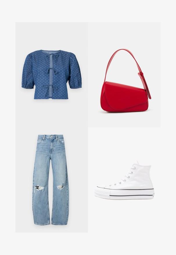Denim blouse in dark blue with puffed sleeves, featuring tie closures and a subtle pattern of small white diamonds throughout.; Light blue, high-waisted jeans made of denim. Feature wide legs, two torn knee areas, and classic five-pocket styling.; White high-top canvas sneaker with black rubber sole, front rubber toe cap, and six eyelets for laces, featuring a clean, minimalist design.; Red leather handbag with an angular, geometric design. Features a single adjustable strap and a flap closure with stitched detailing.