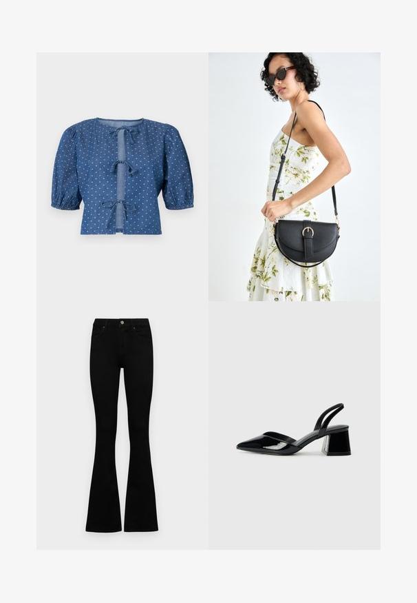 Denim blouse in dark blue with puffed sleeves, featuring tie closures and a subtle pattern of small white diamonds throughout.; Black high-waist jeans with a button and zip closure, front pockets, and flared legs laid flat on a white background.; Black patent leather slingback heels with a pointed toe and a geometric block heel. Features a sleek, minimal design and smooth texture.; Black leather handbag with a curved shape, detachable strap, and gold hardware. The bag features a flap with a buckle detail.