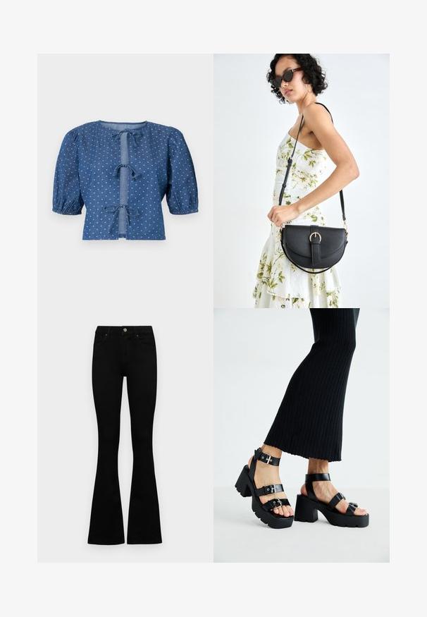 Denimová blúzka v tmavomodrej farbe s nadýchanými rukávmi, so zaväzovacími uzávermi a jemným vzorom malých bielych diamantov po celej ploche.; Čierne vysoké nohavice s gombíkom a zipsom, predné vrecká a rozšírené nohavice položené na bielom pozadí.; Čierne platformové sandále s robustnými, zúbkovanými podrážkami a viacerými popruhmi, s kovovými prackami a hladkým textúrou pripomínajúcou kožu.; Čierna kožená kabelka s zaobleným tvarom, odnímateľným popruhom a zlatými doplnkami. Kabelka má klopu s detailom s prackou.