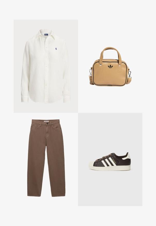 Fehér vászon ing hosszú ujjakkal, gombos gallérral és elöl gombokkal. A mellkason egy kicsi, kék hímzett logó található.; Barna pamut farmernadrág laza szabással, öt zsebbel és cipzáros záródással. Finom textúrával és klasszikus varrási részletekkel rendelkezik.; Sötétbarna bőr alacsony szárú Adidas Superstar sportcipő krémszínű kagyló orral, fehér csíkokkal és "Superstar" felirattal az oldalon.; Brún vegán bőr táska két fogantyúval, levehető vállpánttal, fekete díszvarrással és egy kis fekete logóval az elején.