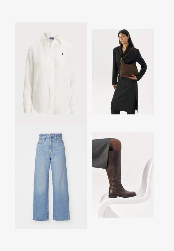Cămașă albă din in cu mâneci lungi, guler cu nasturi și butoni în față. Prezintă un mic logo brodat albastru pe piept.; Jeans cu talie înaltă, de culoare albastru deschis, cu croială largă, dotate cu nasture și fermoar la față, buzunare în față și spate, pe un fundal alb.; Cizma din piele maro până la genunchi, cu vârf rotund, textură netedă și detalii minime de cusătură, așezată pe un fundal deschis, pe un scaun alb.; Femeie îmbrăcată într-un sacou negru și fustă, ținând o geantă mare din suede negru închis, pe un fundal alb.