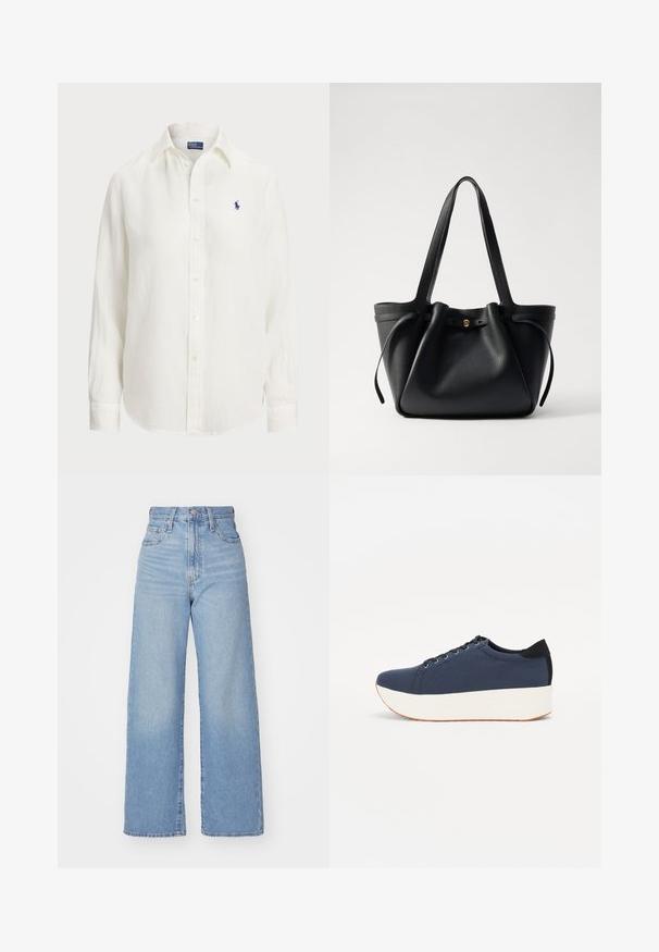 White linen shirt with long sleeves, button-down collar, and front buttons. Features a small blue embroidered logo on the chest.; Light blue high-waist wide-leg jeans with front button and zip closure, front and back pockets, on a white background.; Navy blue sneaker with a textured fabric upper, white platform sole, rounded toe, and black heel accent. Features six eyelets for laces.; Black leather tote bag with two long straps, a cinched top, and a gold circular accent. Smooth texture with a minimalist design.