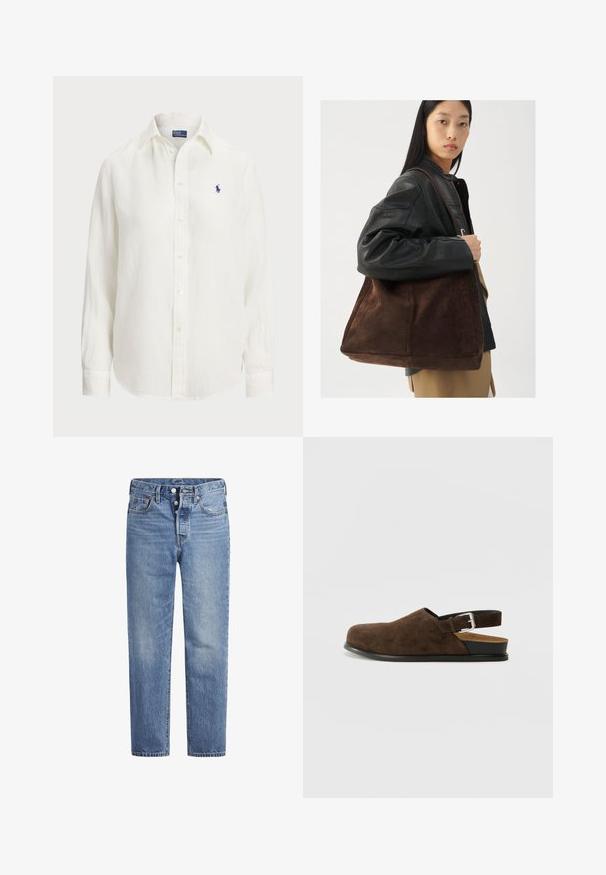 Hvit linskjorte med lange ermer, knapp- ned-krage og knapper foran. Har en liten blå brodert logo på brystet.; Lyseblå denimjeans med rett snitt, fem-lomme design og knappeåpning. Har subtile falminger og oransje sømdetaljer.; Brune semsket slip-on sko med lav hæl, justerbar rem med en sølvspænde og en sort gummisål.; Brun semsketoteveske med bred form og myk tekstur, med en enkelt stropp og minimal maskinvare mot en nøytral bakgrunn.