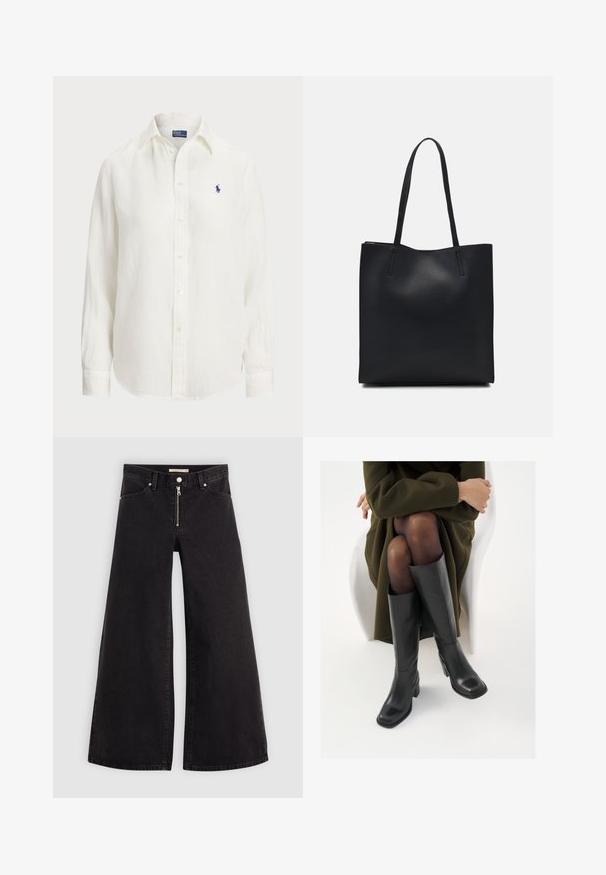 Camisa de linho branca com mangas longas, colarinho abotoado e botões frontais. Apresenta um pequeno logótipo azul bordado no peito.; Calças de ganga de perna larga em denim preto com fecho éclair à frente, design de cinco bolsos e detalhes de costura subtil. Textura suave e estilo casual.; Botas de couro pretas até ao joelho com biqueira quadrada e salto em bloco, apresentadas com um modelo sentado num casaco verde-azeitona. Textura lisa, com detalhes mínimos.; Bolsa tote preta em couro com textura lisa, forma retangular e duas alças longas. Sem hardware ou enfeites visíveis.