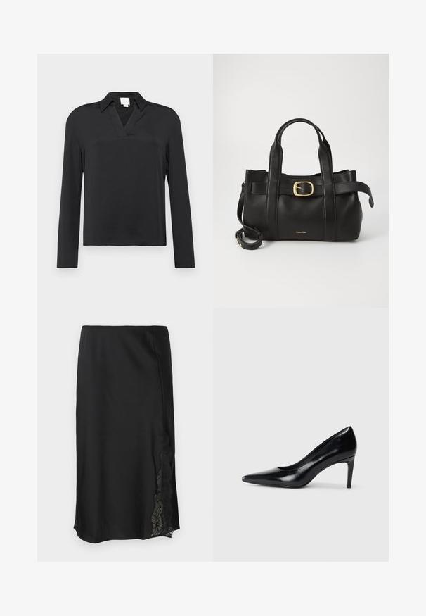 Černá košile s dlouhými rukávy, vyrobená z hladké tkaniny, s vybroušeným límcem a volným střihem. Jednoduchý design bez viditelných vzorů nebo akcentů.; Černá saténová sukně s hladkou texturou, se krajkovým akcentem na jedné straně a rovním lemem. Elastický pas pro flexibilní úpravu.; Černé kožené boty na vysokém podpatku s špičatou špičkou, hladkým povrchem a zúženým podpatkem. Minimalistický design, bez dalších ozdob.; Černá kožená kabelka s upraveným designem, dvojitými vrchními madly, pozlaceným přezkovým akcentem a vyraženým logem značky na přední straně.