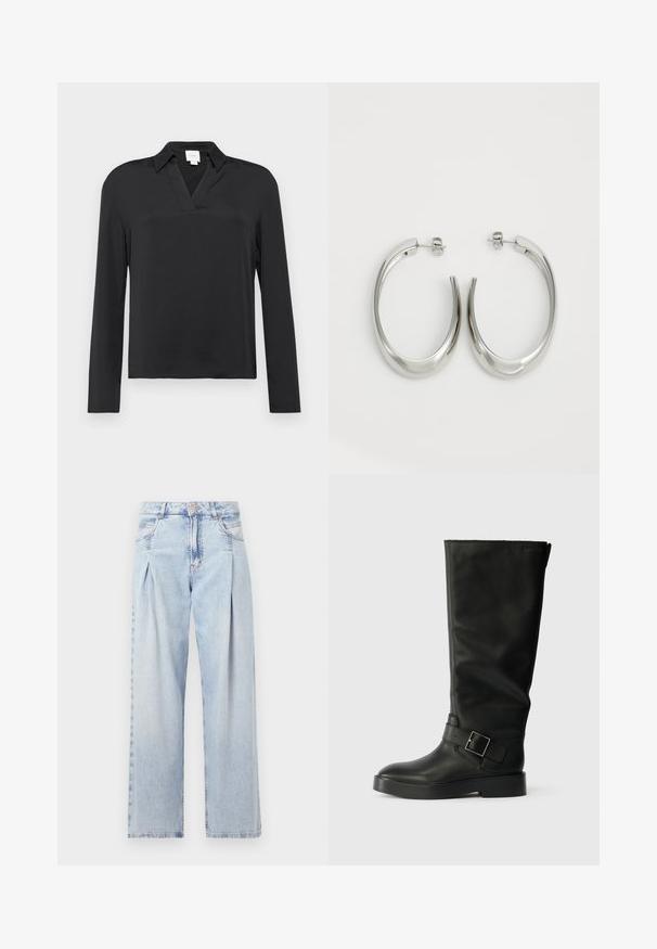 Čierna košeľa s dlhým rukávom z hladkej tkaniny, s výstrihom do V a voľným strihom. Jednoduchý dizajn bez viditeľných vzorov alebo akcentov.; Svetlomodré džínsy s vysokým pásom, širším strihom po celej dĺžke, dvoma bočnými vreckami a skladaným dizajnom. Mäkka textúra s vyblednutým vzhľadom.; Čierne kožené čižmy do kolien s hladkým povrchom, zaoblenou špičkou, hrubou podrážkou a vodorovným remienkom s detaileme v tvare obdĺžnika.; Strieborné kruhové náušnice s hladkým, zakriveným dizajnom. Majú lesklý kovový povrch a zapínanie na kolík. Žiadne viditeľné vzory ani akcenty.