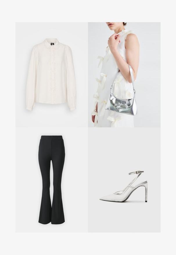 Balta ilgomis rankovėmis bluzonė su apykakle, tekstūruotas audinys, centrinis mygtukų užsegimas ir gėlių siuvinėjimas priekyje.; Juoda platės kelnės, pagamintos iš tamprios medžiagos. Turi aukštą juosmenį ir glotnią, prisitaikančią struktūrą, kuri išsiplėtė nuo kelio žemyn.; Aiškūs stiletto kulniukai su smailiu padu, skaidria medžiaga, metaliniais sidabriniais akcentais ir reguliuojama kulkšnies juosta.; Sidabrinė metalinė rankinė su struktūrizuota forma, turinti viršutinę rankeną ir kaspiną priekyje. Lygi tekstūra, atspindinti apdaila.