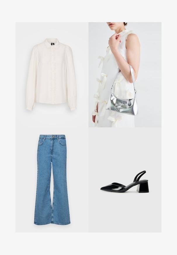 White long-sleeve blouse with a collared neckline, textured fabric, central button closure, and floral embroidery along the front.; Light blue flared jeans made of denim, featuring a high waist, five pockets, and a single button closure. Soft texture with faded finish.; Black patent leather slingback heels with a pointed toe and a geometric block heel. Features a sleek, minimal design and smooth texture.; Silver metallic handbag with a structured shape, featuring a top handle and bow detail on the front. Smooth texture, reflective finish.