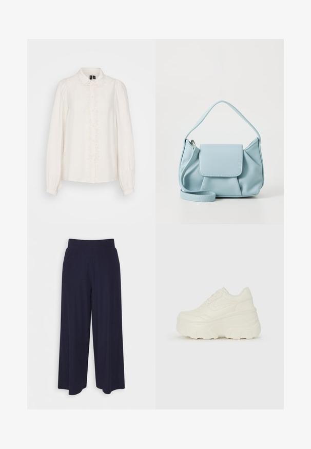 White long-sleeve blouse with a collared neckline, textured fabric, central button closure, and floral embroidery along the front.; Wide-leg trousers in dark navy fabric with a ribbed texture. Features a smooth waistband and a flowy silhouette, reaching mid-calf length.; White platform sneakers featuring a smooth leather-like upper, rounded shape, padded collar, and textured rubber sole with defined treads.; Light blue leather handbag with a top handle, front flap pocket, and detachable wrist strap on a white background.