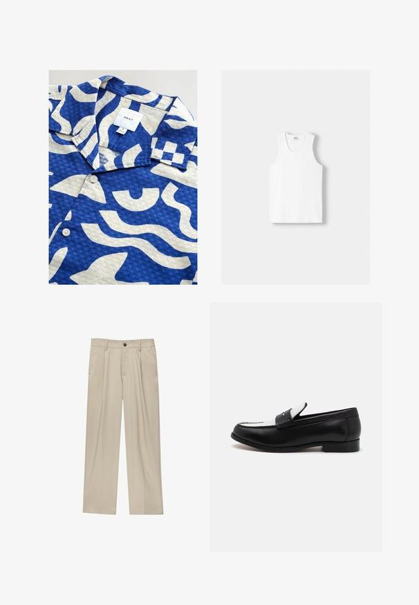 Koszula z krótkim rękawem z tkaniny w plecionkę, z niebiesko-białym abstrakcyjnym wzorem, standardowym kołnierzykiem i jednym guzikiem z przodu.; Biały bawełniany top na ramiączkach z okrągłym dekoltem, szerokimi ramiączkami i prostym dołem, charakteryzujący się gładką teksturą i brakiem widocznych wzorów.; Beżowe spodnie o prostym kroju, z pojedynczym czarnym guzikiem, szlufkami na pasek oraz bocznymi kieszeniami. Gładka faktura materiału i minimalistyczny design.; Czarne skórzane mokasyny z kontrastującą białą skórzaną wstawką i przeszyciami. Charakteryzują się gładkim wykończeniem i niskim obcasem.
