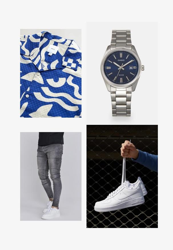 Kurzes Baumwollhemd aus gewebtem Stoff mit blau-weißem abstraktem Muster, klassischem Kragen und einer einzelnen Knopföffnung auf der Vorderseite.; Schlanke Jeans aus ausgebleichtem grauem Denim, mit abgenutzten Details an den Knien, kombiniert mit weißen Sneakers. Glatte Textur, schlanker Schnitt.; Weiße Leder-Sneaker mit Perforationen, runder Zehenpartie, flacher Sohle und dicken Schnürsenkeln, mit sichtbar eingesticktem Swoosh-Logo und "AIR" an der Ferse.; Silberner Armbanduhr aus Edelstahl mit einem dunkelblauen Zifferblatt, metallischen Stundenmarkierungen und einem Datumsfenster bei 3 Uhr. Wasserdicht bis 50 Meter.