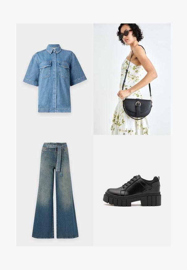Modrá džínová košile s krátkým rukávem a límečkem, dvěma náprsními kapsami a zapínáním na knoflíky. Má uvolněný střih a vybledlou texturu.; Džínové kalhoty širokého střihu s přechodem od světlé k tmavě modré, vysokým pasem, poutky na opasek a odpovídajícím opaskem ze stejného materiálu. Texturovaná džínovina.; Černé kožené platformové boty s masivním blokovým podpatkem, kulatou špičkou a tradičním šněrováním. Mají hladký povrch a minimální detaily.; Černá kožená kabelka s křivkovým tvarem, odnímatelným popruhem a zlatými detaily. Kabelka má klopu s přezkou.