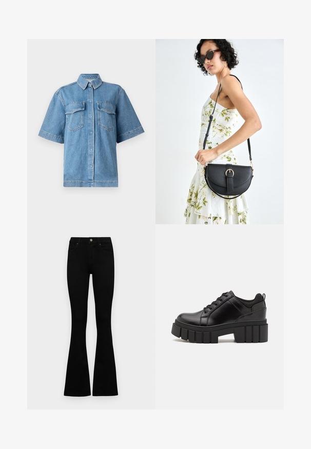 Blå denim kortermet skjorte med krage, to brystlommer og knappelukking. Har en avslappet passform og en falmet tekstur.; Sorte høytlivsjeans med knapp og glidelås, frontlommer og utsvingte bein liggende flatt på en hvit bakgrunn.; Svarte lærplattformsko med kraftig blokkhell, rund tå og tradisjonell snøring. Har en jevn tekstur og minimal detaljering.; Svart lærveske med en buet form, avtagbar stropp og gullbeslag. Vesken har et klaff med spenne-detall.