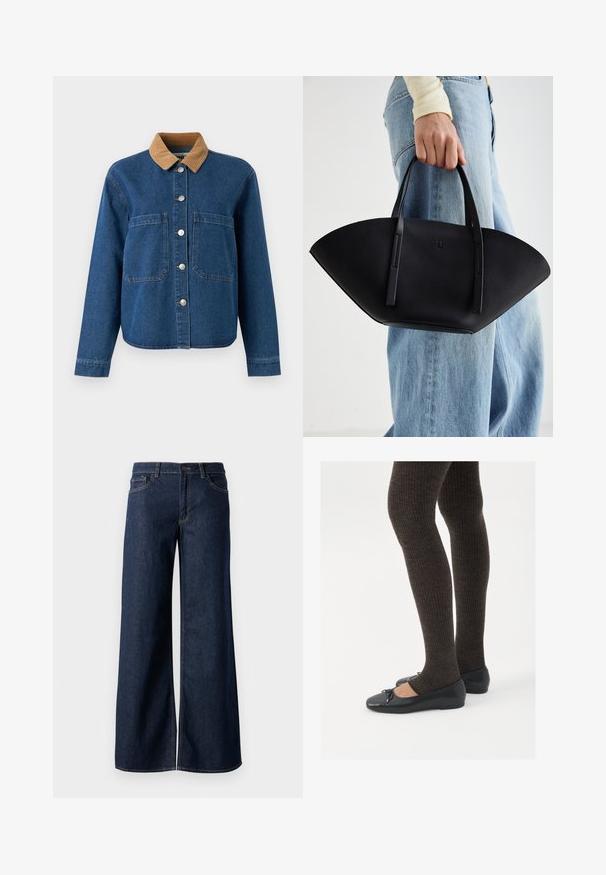 Denim jaka ar brūnu korduroja apkakli, priekšējo pogu aizdari, divām lielām krūšu kabatām un brīvu piegriezumu. Zila auduma ar smalku tekstūru.; Platas kājas džinsi tumši zilā denima krāsā. Iespējas ir kontrastējošās vīles, piecas kabatas un pogu aizdare jostasvietā. Gluda tekstūra.; Melnas plakano formas kurpes ar mazu loku uz pirksta, apvienotas ar tumši brūnām ribotām zeķubiksēm. Kurpēm ir gluda tekstūra un zems profils.; Melnas ādas rokassoma ar unikālu ventilatora formu, aprīkota ar plakaniem rokturiem. Virsma ir ar graudainu faktūru un minimālistisku dizainu.