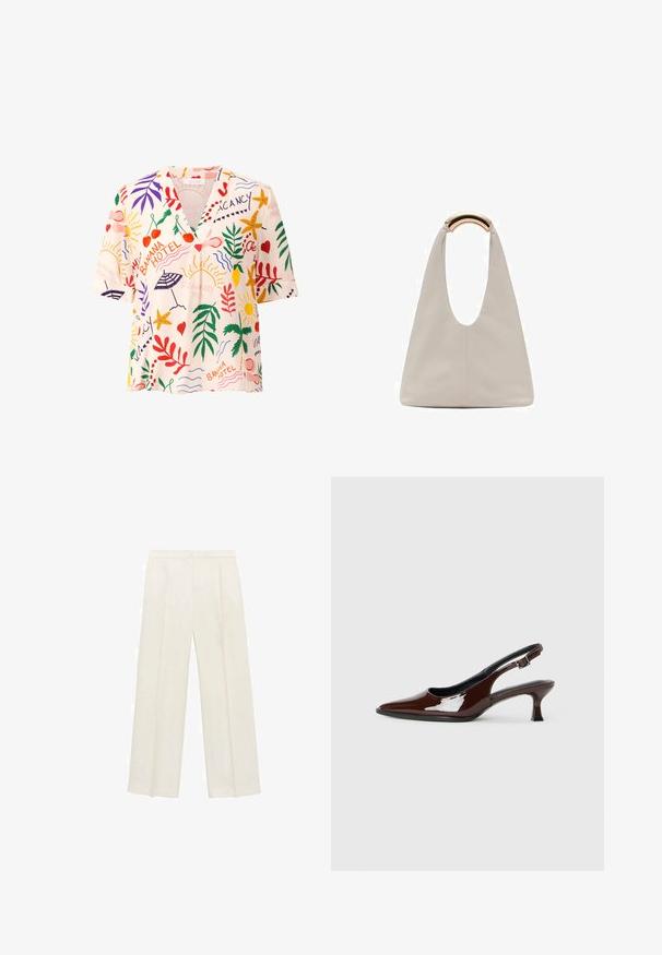 Floral short-sleeve blouse in cream with multicolored prints of fruits, stars, and leaves. Features a V-neck and relaxed fit.; Wide-legged trousers in a light cream color. Made from a smooth fabric with pleats at the front and side pockets.; Brown patent leather slingback shoe with a pointed toe and a moderate heel. Features a buckle strap for secure fit. Smooth texture.; Light gray leather bag with a U-shaped design and a curved metallic handle. Smooth texture with minimal stitching and no visible patterns.