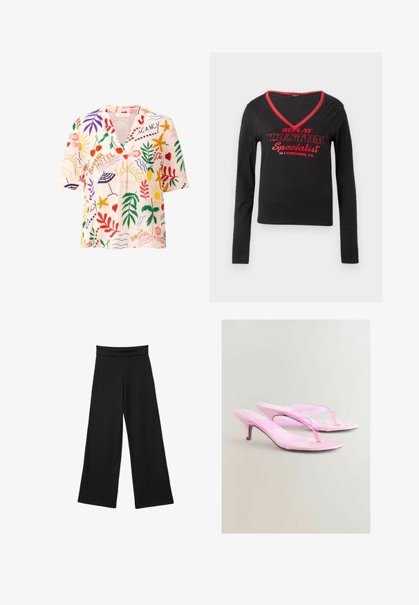 Blommig kortärmad blus i krämfärg med mångfärgade tryck av frukter, stjärnor och blad. Har V-ringning och avslappnad passform.; Svart långärmad skjorta med V-ringning, röd kant vid halsen och fet röd text som står "REPLAY CUSTOM Specialist Allentown, PA."; Svarta vida byxor i mjukt tyg, med hög, elastisk midjeband, helängd ben och inga synliga mönster eller detaljer.; Rosa klacksandaler med en glänsande finish, med en toffelremdesign och en smal metallklack. Mjuk textur och minimalistisk stil.
