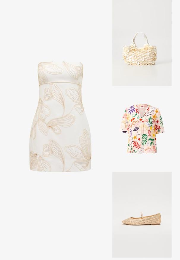 Kratkoročna, bluzica z v-izrezom iz lahkega materiala s pisanimi tropskimi vzorci, ki vključujejo liste, sadje in sončne motive v rdeči, zeleni in rumeni barvi.; Breza obleka brez naramnic v smetani z embosiranimi cvetličnimi vzorci v svetlo bež barvi. Prikladna zasnova, gladka tekstura, kroj do kolen in brez vidnih zapiralk.; Zlate baletne čevlje iz tkanine z ostrim nosom, ravnim podplatom in pasom čez zgornji del stopala. Imajo strukturirane vzorce na zgornjem materialu.; Bela torbica z teksturiranimi, valovitimi okrasnimi elementi, ki spominjajo na školjke. Ima pleteno ročaj in srebrno verižico za prilagodljivost.