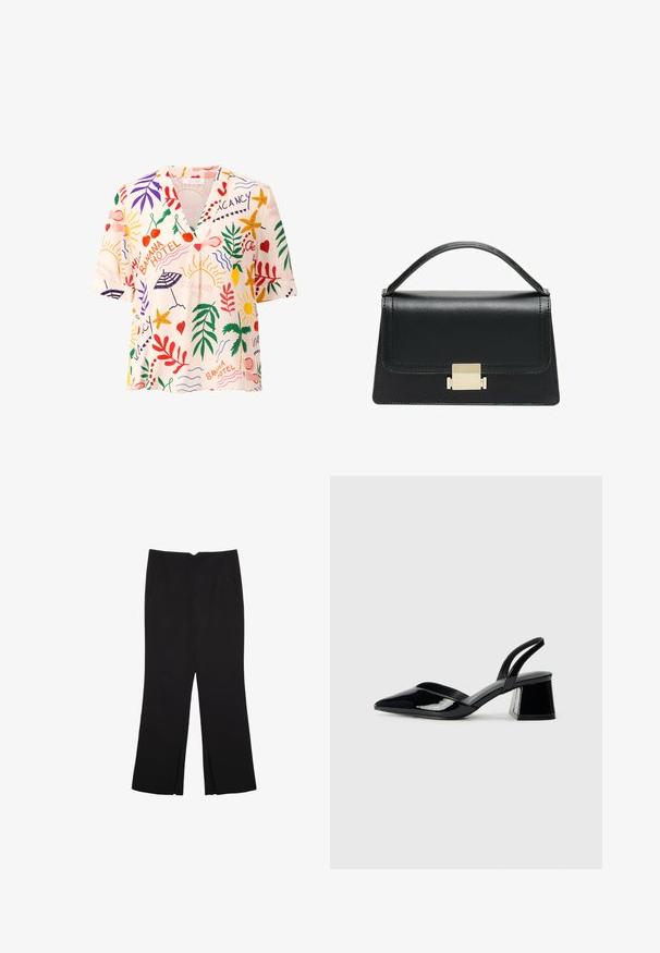 Krátký rukáv, blůza s V výstřihem z lehkého materiálu s barevným tropickým vzorem obsahujícím listy, ovoce a sluneční motivy v červené, zelené a žluté barvě.; Černé kalhoty s rovným střihem, s předními kapsami a bočními rozparky na lemu. Vyrobené z jemné, hladké tkaniny. Vhodné na různé příležitosti.; Černé lakované kožené lodičky na pásku s špičatou špičkou a geometrickým blokovým podpatkem. Vyznačují se elegantním, minimalistickým designem a hladkým povrchem.; Černá kožená kabelka se strukturovaným designem, horním uchopením a zlatým kovovým zapínáním na přední straně. Hladký povrch, minimální švy.