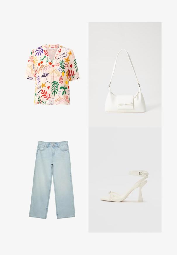 Kurzärmlige Bluse mit V-Ausschnitt aus leichtem Stoff, mit einem bunten tropischen Muster, das Blätter, Früchte und Sonnenmotive in Rot, Grün und Gelb zeigt.; Helle blaue, weite Jeans aus Denim mit hoher Taille, fünf Taschen und subtilen Ausbleichungen. Gerader Schnitt mit gesäumten Kanten.; Sandaletten aus weißem Leder mit hohen Absätzen, schlankem Design, transparentem Blockabsatz und einem dekorativen Element an der Zehe.; Weiße synthetische Handtasche in dreieckiger Form, flache Vorderklappe und Schleifendetail, verstellbarer Trageriemen, glatte Textur und minimalistisches Design.