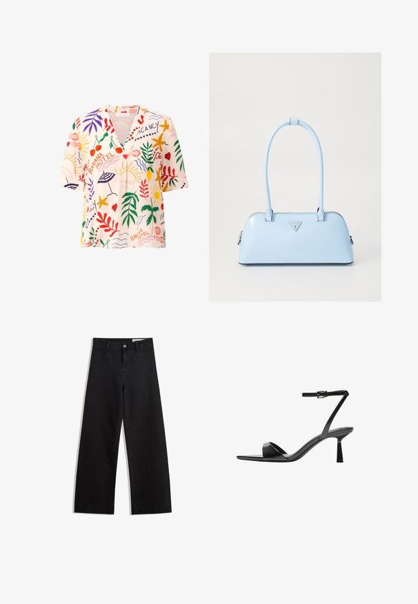 Krátký rukáv, blůza s V výstřihem z lehkého materiálu s barevným tropickým vzorem obsahujícím listy, ovoce a sluneční motivy v červené, zelené a žluté barvě.; Černé denimové kalhoty s volným střihem a vysokým pasem, vybavené předními a zadními kapsami, prošívanými švy a knoflíkovým zapínáním. Hladká textura.; Bershka Sandály na vysokém podpatku - black; Světle modrá kabelka se strukturovaným tvarem, hladkou koženou texturou, dvěma uchy a trojúhelníkovým logem značky na přední straně. Uzavření na zip.