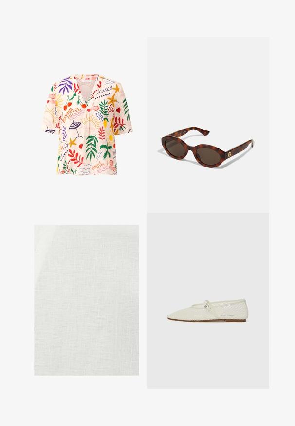 Kratkoročna, bluzica z v-izrezom iz lahkega materiala s pisanimi tropskimi vzorci, ki vključujejo liste, sadje in sončne motive v rdeči, zeleni in rumeni barvi.; Bela lanena tkanina z teksturiranim tkanjem, ki ima nekoliko prosojno videz in naravne nepravilnosti po celotni površini materiala.; Bela mrežasta balerinka s uskim nosom in nastavljivim trakom. Ima teksturirano zgornji del in ravno rjavo podplat.; Želve sončne očala s okroglimi okvirji, temnimi lečami in zlatim logotipom na tempeljih. Gladek plastični material, brez vidnih vzorcev.; Rjava tkana usnjena torbica s sproščenim, trikotnim oblikovanjem. Ima pleten ročaj in zadrgo na vrhu.