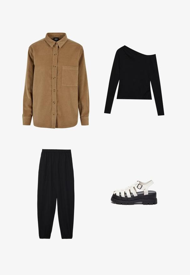 Brun kordfløyelskjorte med knappezfront, spiss krage, lange ermer og brystlomme. Har subtile vertikale teksturer og brune knapper.; Svart langermet topp med asymmetrisk hals og en tettsittende design laget av myk, glatt stoff. Ingen synlige mønstre eller tilbehør.; Svarte, lette bukser med elastisk liv og rynkede ankler. Stoffet er glatt og har en avslappet, innsvingt design.; Hvite remsandaler med en kraftig svart plattformsåle og justerbar ankelreim med firkantet metallspenne. Jevn tekstur og moderne design.